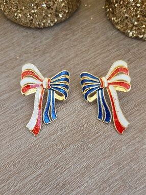 NEW Boutique Patriotic Bow Earrings Red, White, & Blue Sparkle Enamel